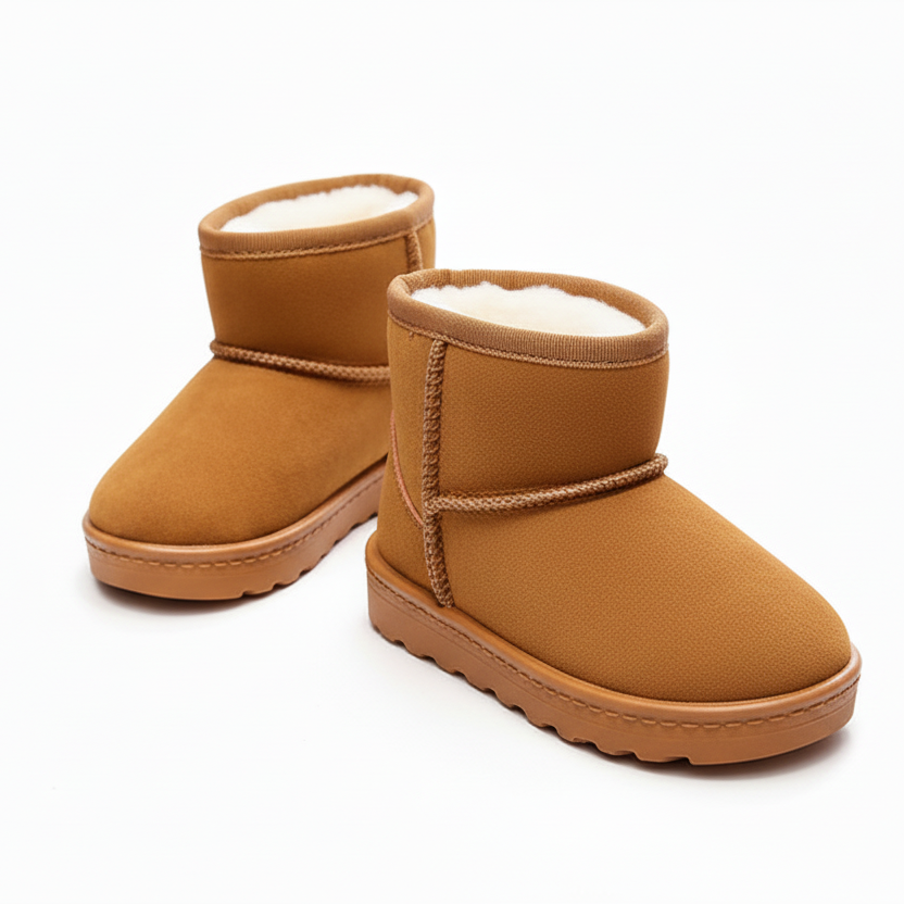 Pair of tan suede boots with white fur lining on a white background